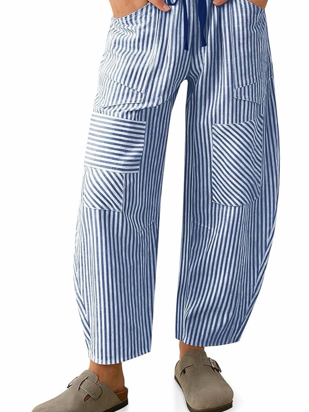 Striped Linen Barrel Leg Blue Pants